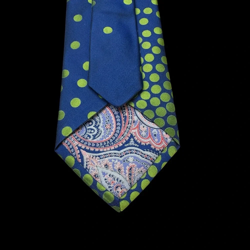 Ted Baker London Mens Silk Tie Blue Lime Green Polka Dot Paisley Lining USA Made